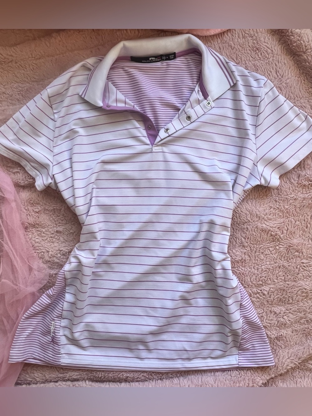 RLX Ralph Lauren Women’s Golf Polo Shirt in White w. Lilac Stripes | M | EUC